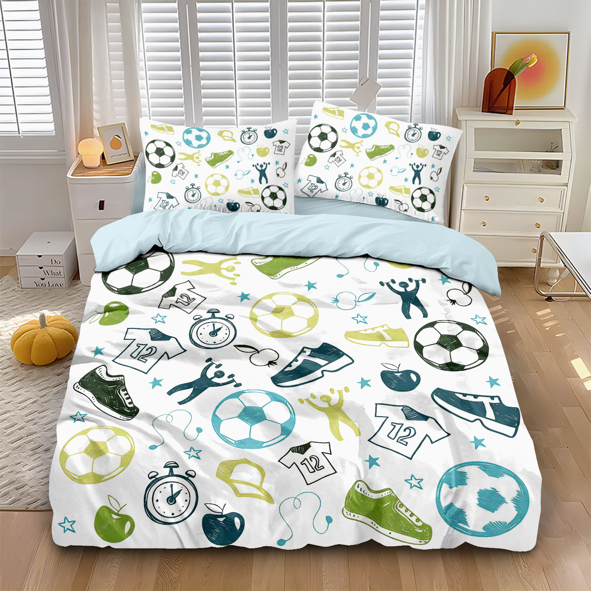 Home Textiles Bedding - ชุดผ้าคลุมผ้านวมลายกราฟฟิตี้ฟุตบอล 3 ชิ้น แบบไม่มีแกนกลาง ตกแต่งห้องนอนหลายขนาด ซักเครื่องได้