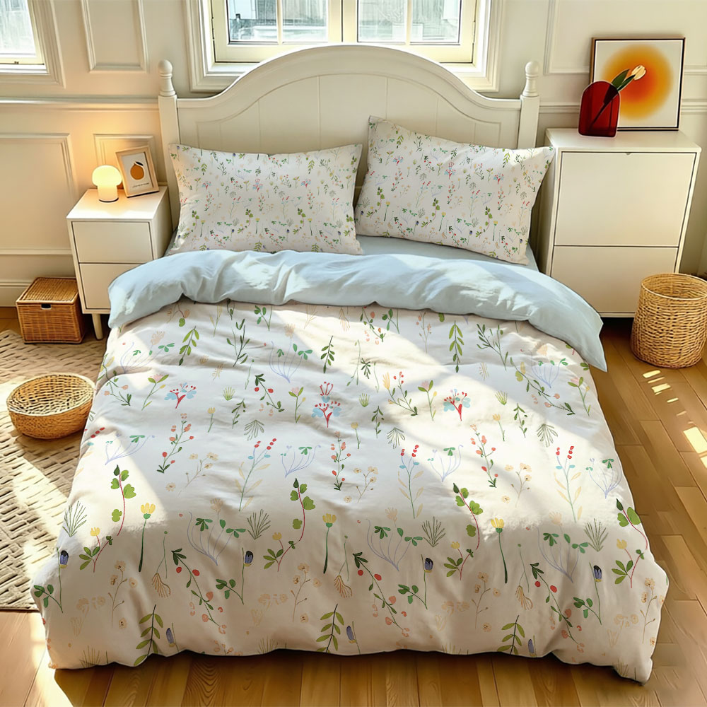Home Textiles Bedding - 3 ชิ้น สไตล์มินิมอล ชุดปลอกผ้านวมพิมพ์ลายดอกไม้สวยงาม ตกแต่งห้องนอนหลายขนาด ซักด้วยเครื่องซักผ้าได้