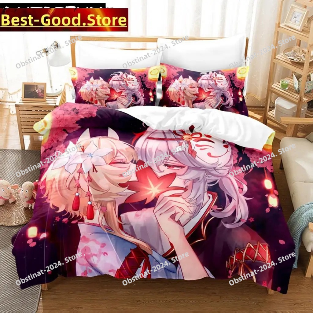 Home Textiles Bedding - ชุดผ้าปูที่นอนลายการ์ตูนอนิเมะเกม Genshin Impact ลูมิเน สำหรับเตียงคู่/เตียงเดี่ยว สำหรับตกแต่งบ้าน