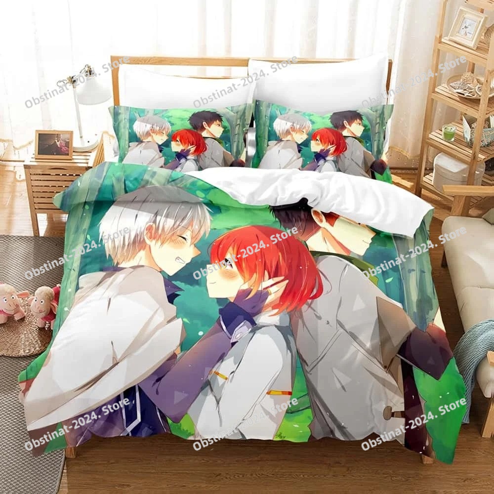Home Textiles Bedding - ชุดเครื่องนอนลายการ์ตูนอนิเมะ 3 มิติ ลายสโนว์ไวท์ผมแดง ชุดสามชิ้น สำหรับผู้ใหญ่และเด็ก