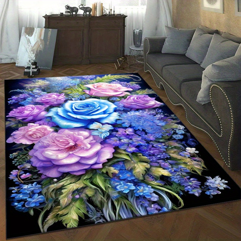 Your Home Textiles - พรมลายดอกไม้ลายกุหลาบสีน้ำเงินและสีม่วง ช่วยเพิ่มความสง่างามให้กับพื้นที่นั่งเล่นของคุณ พรมลายดอกไม้ ของตกแต่งบ้านที่หรูหรา