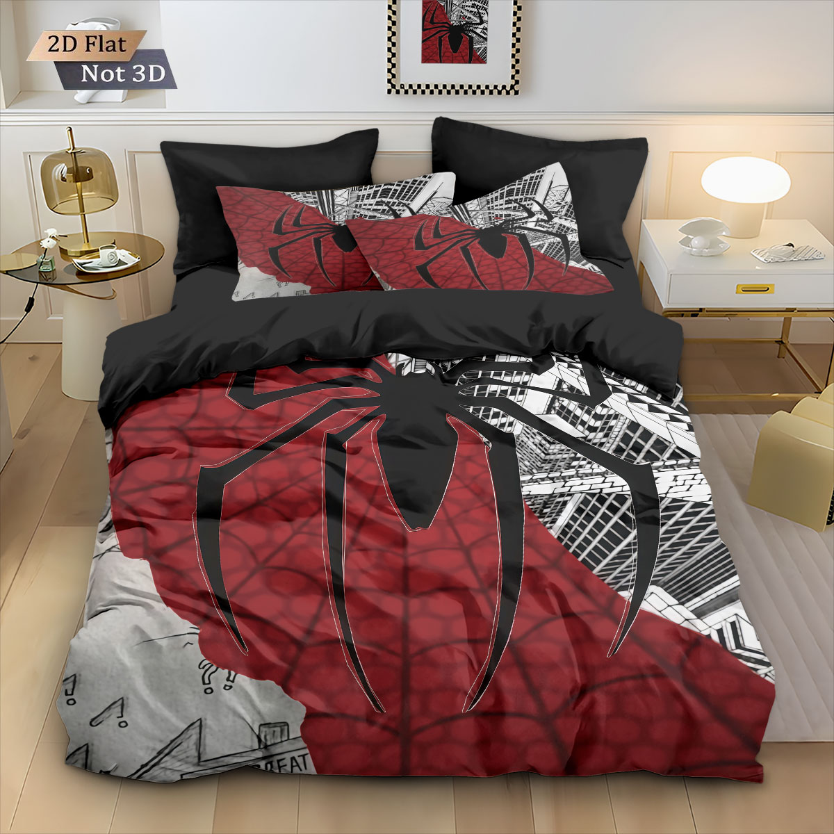 Home Textiles Bedding - ชุดผ้านวมพิมพ์ลายแมงมุมสีดำ 3 ชิ้น ขนาดหลากหลาย สำหรับตกแต่งห้องนอนและหอพัก ซักเครื่องได้
